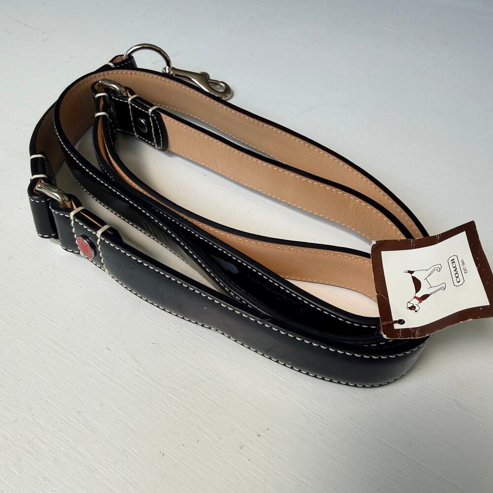 Coach Large Black Patent Leather Dog Leash Vintage Hearts & Bones 60065